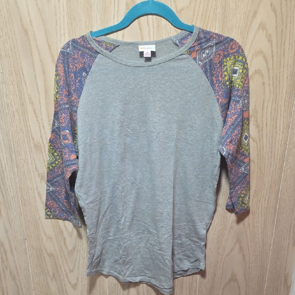 LuLaRoe RANDY-Gray Top with Colorful Patterned Sleeves
